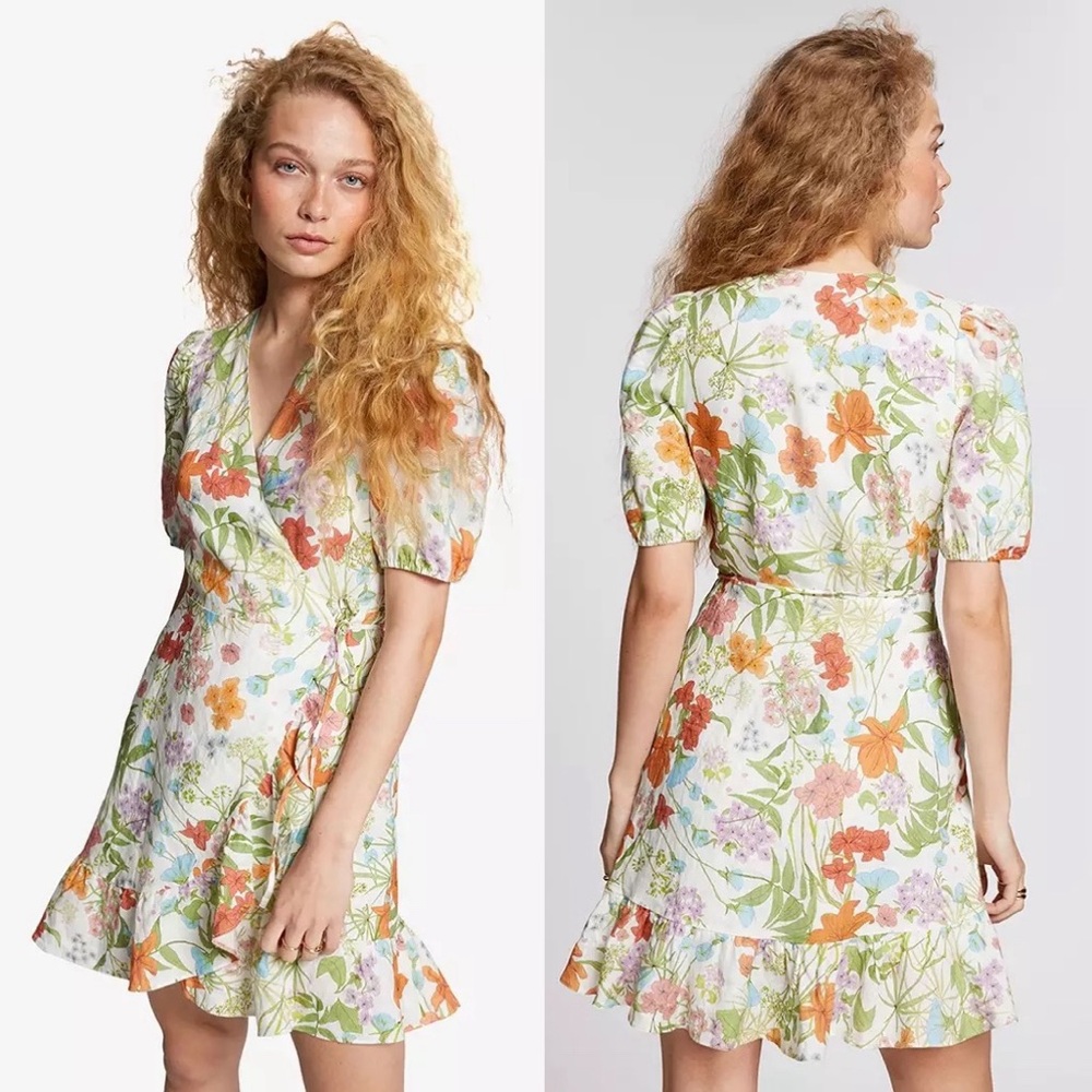 & Other Stories Linen Wrap Mini Dress 8 10 Multi Floral Breathable Summer NWT